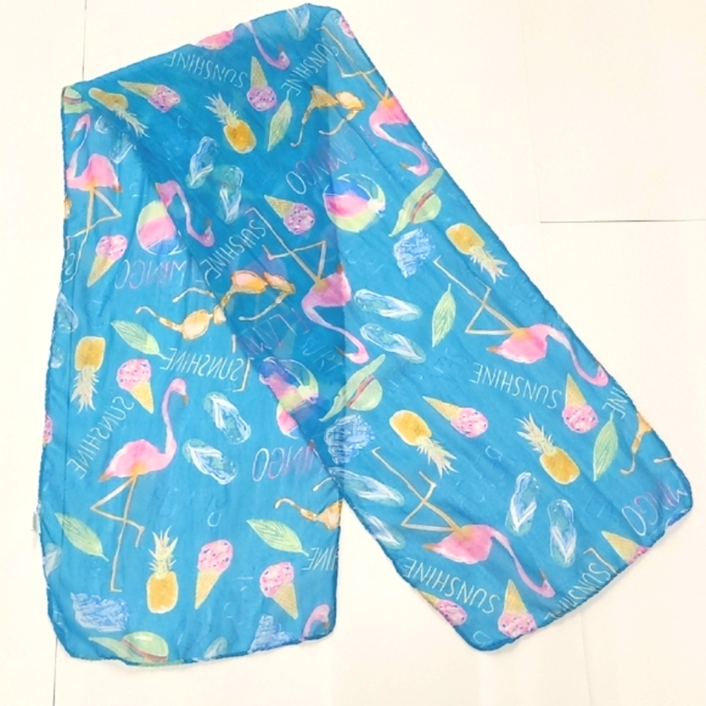 Scarf Flamingo Print Beach Motif Aqua Blue Resort Cruise Whimsical